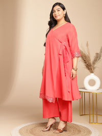 Thumbnail for Janasya Angrakha Muslin Peach Solid V-Neck Kurta & Bottom