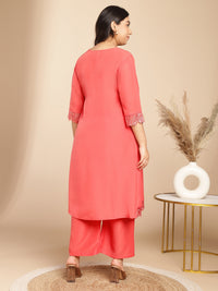 Thumbnail for Janasya Angrakha Muslin Peach Solid V-Neck Kurta & Bottom