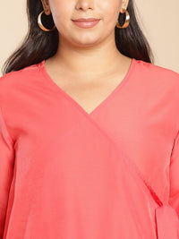 Thumbnail for Janasya Angrakha Muslin Peach Solid V-Neck Kurta & Bottom