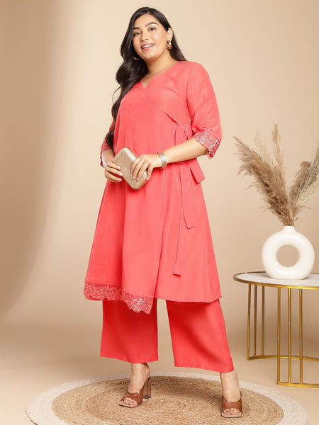 Janasya Angrakha Muslin Peach Solid V-Neck Kurta & Bottom