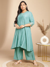 Thumbnail for Janasya Gathering Muslin Sage Yoke Embroidery V-Neck Kurta Set