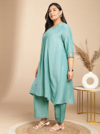 Thumbnail for Janasya Gathering Muslin Sage Yoke Embroidery V-Neck Kurta Set