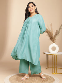Thumbnail for Janasya Gathering Muslin Sage Yoke Embroidery V-Neck Kurta Set