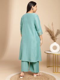Thumbnail for Janasya Gathering Muslin Sage Yoke Embroidery V-Neck Kurta Set