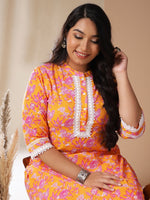 Thumbnail for Janasya Straight Cambric Orange Floral Band Collar Kurta & Bottom - Distacart