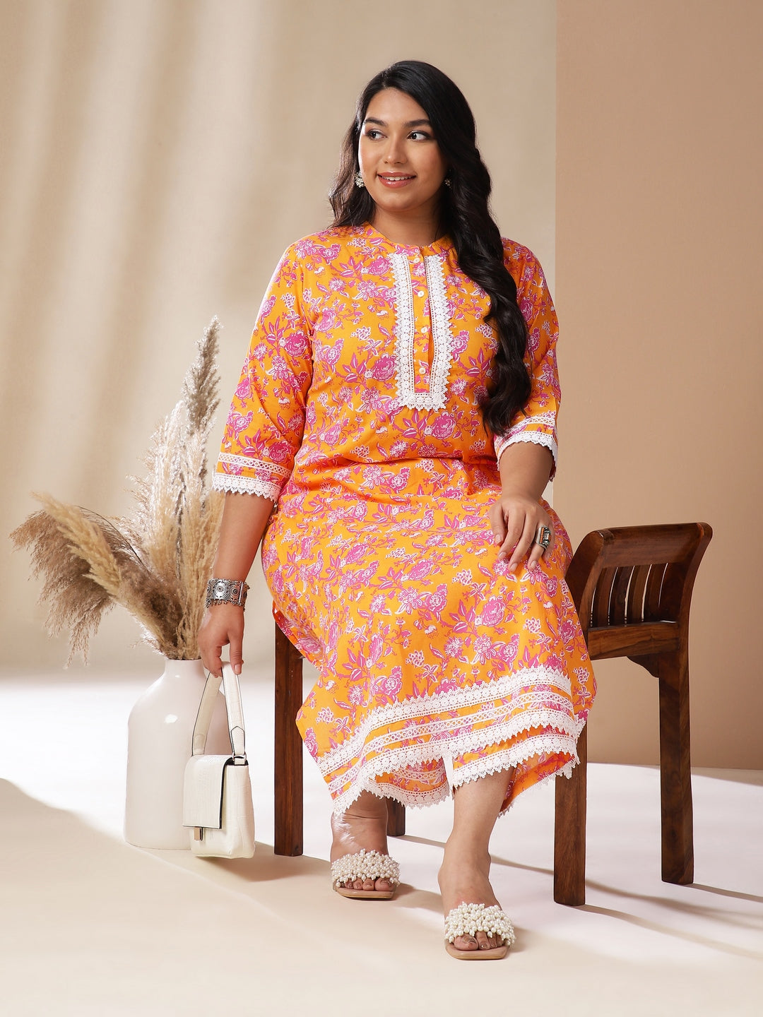Janasya Straight Cambric Orange Floral Band Collar Kurta & Bottom - Distacart