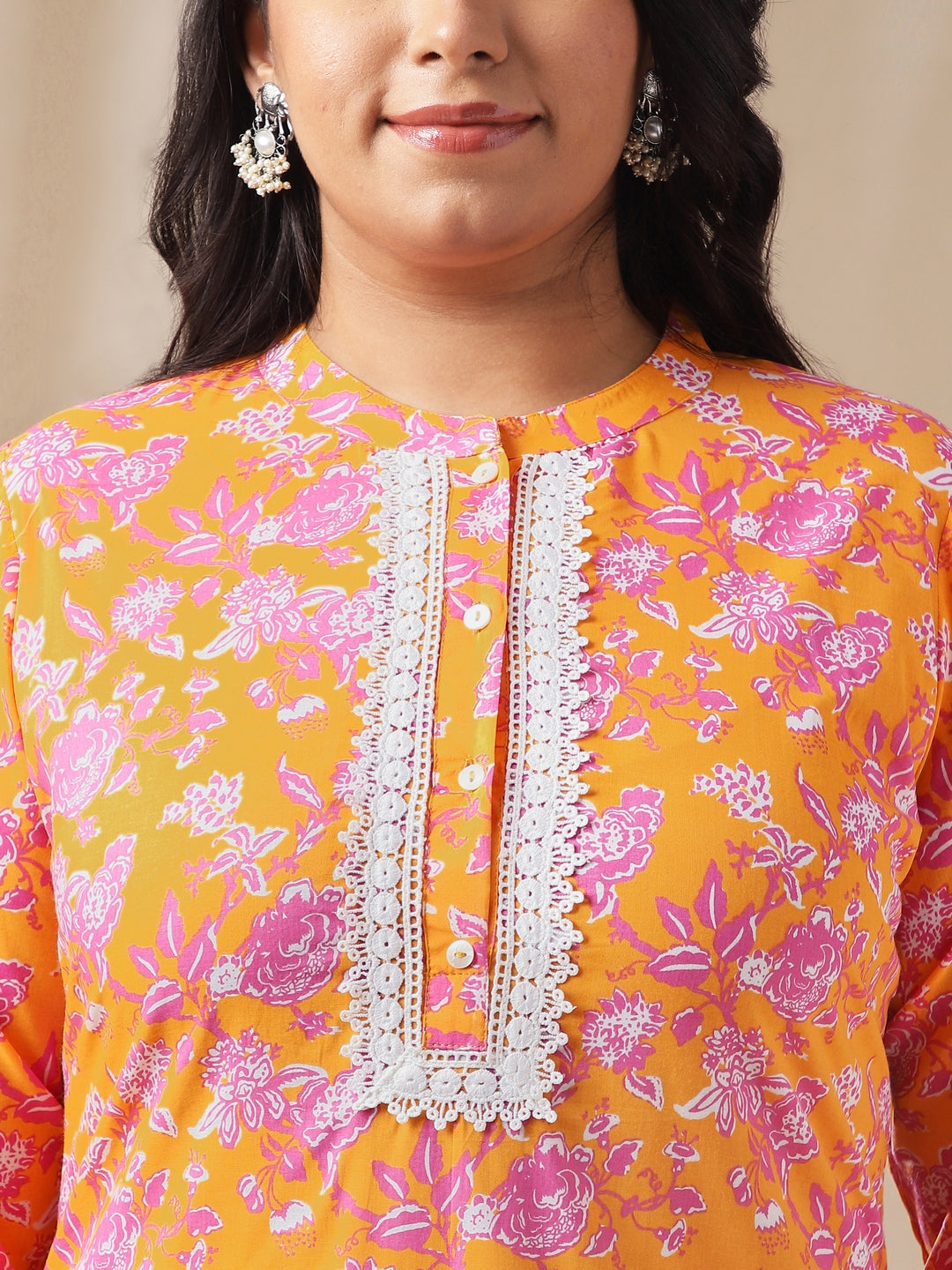 Janasya Straight Cambric Orange Floral Band Collar Kurta & Bottom - Distacart