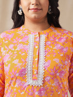 Thumbnail for Janasya Straight Cambric Orange Floral Band Collar Kurta & Bottom - Distacart