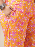 Thumbnail for Janasya Straight Cambric Orange Floral Band Collar Kurta & Bottom - Distacart