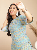 Thumbnail for Janasya Regular Cotton Cambric Light Blue Floral Notch Neck Kurta Set - Distacart