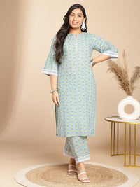 Thumbnail for Janasya Regular Cotton Cambric Light Blue Floral Notch Neck Kurta Set