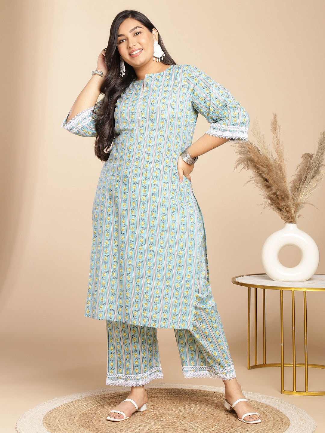 Janasya Regular Cotton Cambric Light Blue Floral Notch Neck Kurta Set