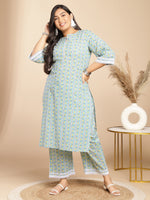 Thumbnail for Janasya Regular Cotton Cambric Light Blue Floral Notch Neck Kurta Set - Distacart