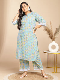 Thumbnail for Janasya Regular Cotton Cambric Light Blue Floral Notch Neck Kurta Set