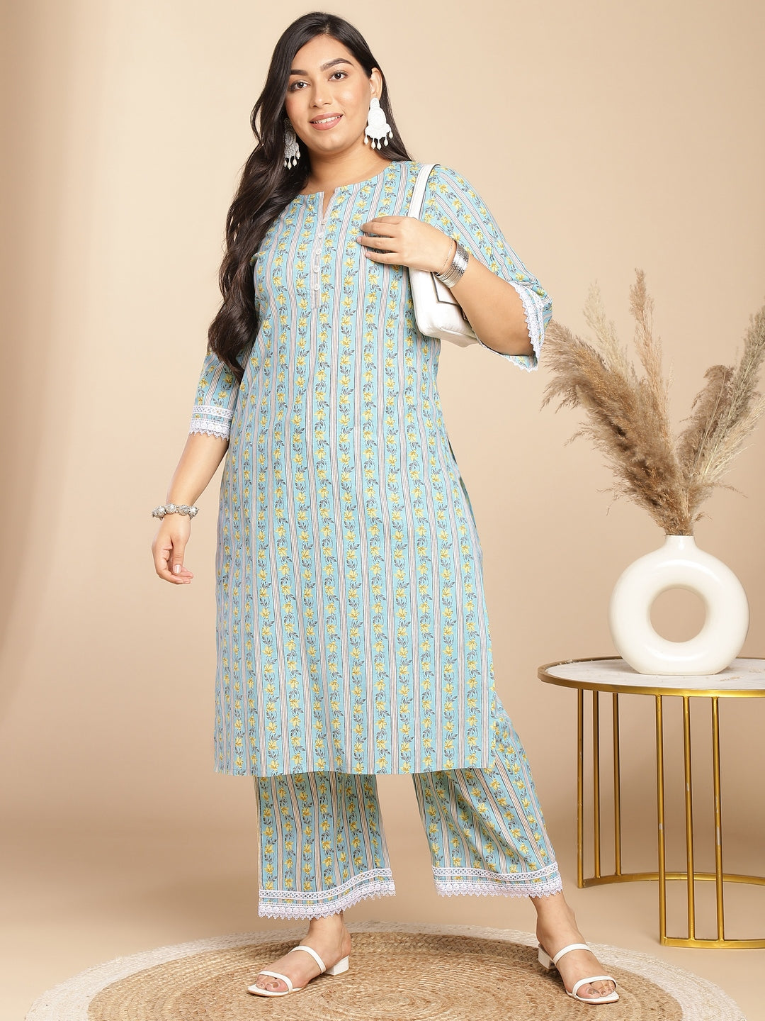 Janasya Regular Cotton Cambric Light Blue Floral Notch Neck Kurta Set