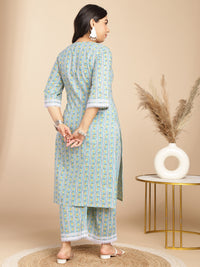 Thumbnail for Janasya Regular Cotton Cambric Light Blue Floral Notch Neck Kurta Set