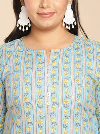 Thumbnail for Janasya Regular Cotton Cambric Light Blue Floral Notch Neck Kurta Set
