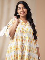 Thumbnail for Janasya Pleated Cambric Off White Ikkat Notch Neck Tunic - Distacart