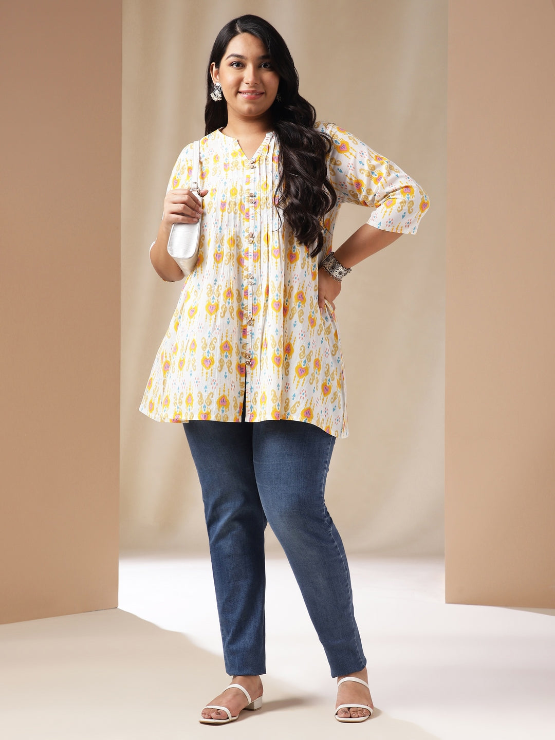 Janasya Pleated Cambric Off White Ikkat Notch Neck Tunic - Distacart