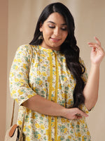 Thumbnail for Janasya A-Line Cambric Off White Floral Band Collar Tunic - Distacart