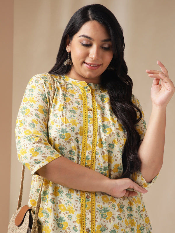 Janasya A-Line Cambric Off White Floral Band Collar Tunic - Distacart