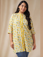 Thumbnail for Janasya A-Line Cambric Off White Floral Band Collar Tunic - Distacart