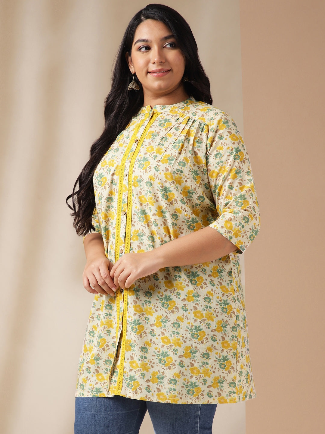 Janasya A-Line Cambric Off White Floral Band Collar Tunic - Distacart