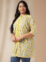 Thumbnail for Janasya A-Line Cambric Off White Floral Band Collar Tunic - Distacart