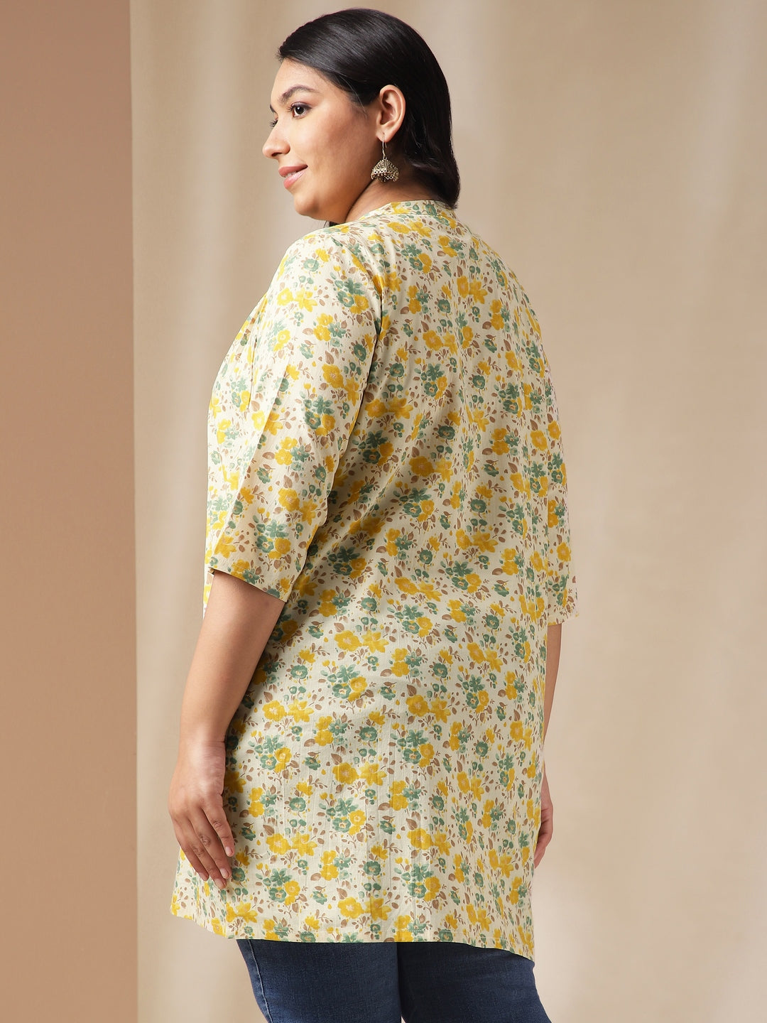 Janasya A-Line Cambric Off White Floral Band Collar Tunic - Distacart