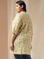 Thumbnail for Janasya A-Line Cambric Off White Floral Band Collar Tunic - Distacart