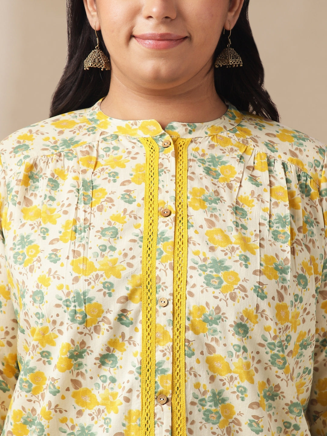 Janasya A-Line Cambric Off White Floral Band Collar Tunic - Distacart