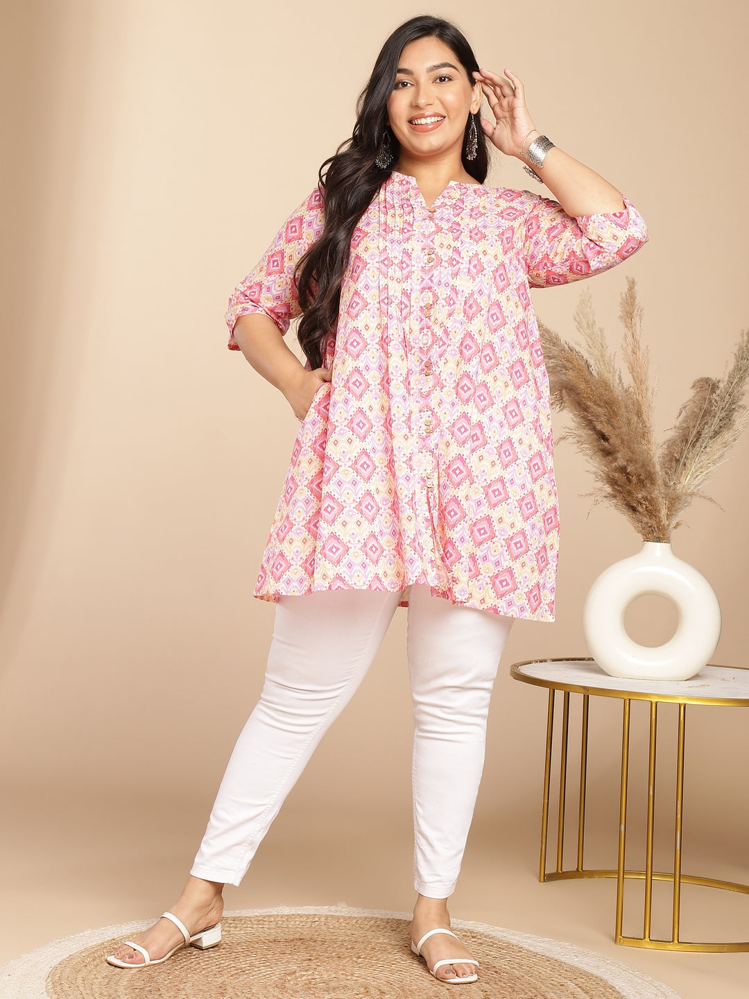 Janasya Pleated Cambric Pink Ikkat Notch Neck Tunic - Distacart