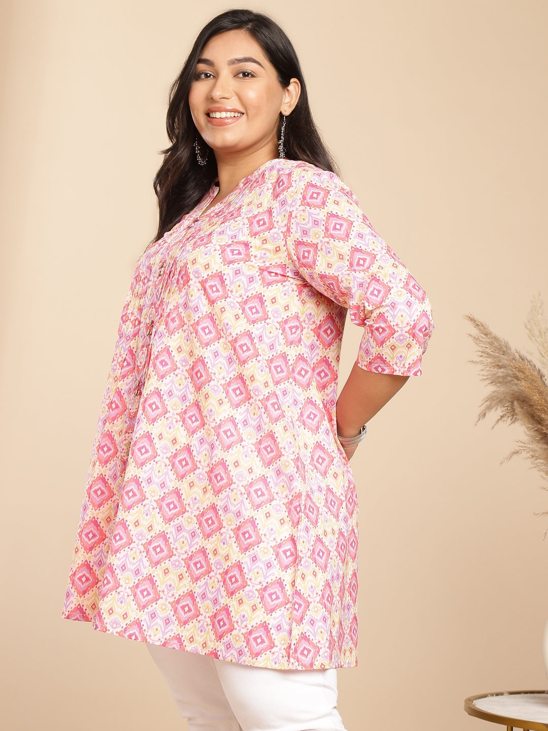 Janasya Pleated Cambric Pink Ikkat Notch Neck Tunic - Distacart