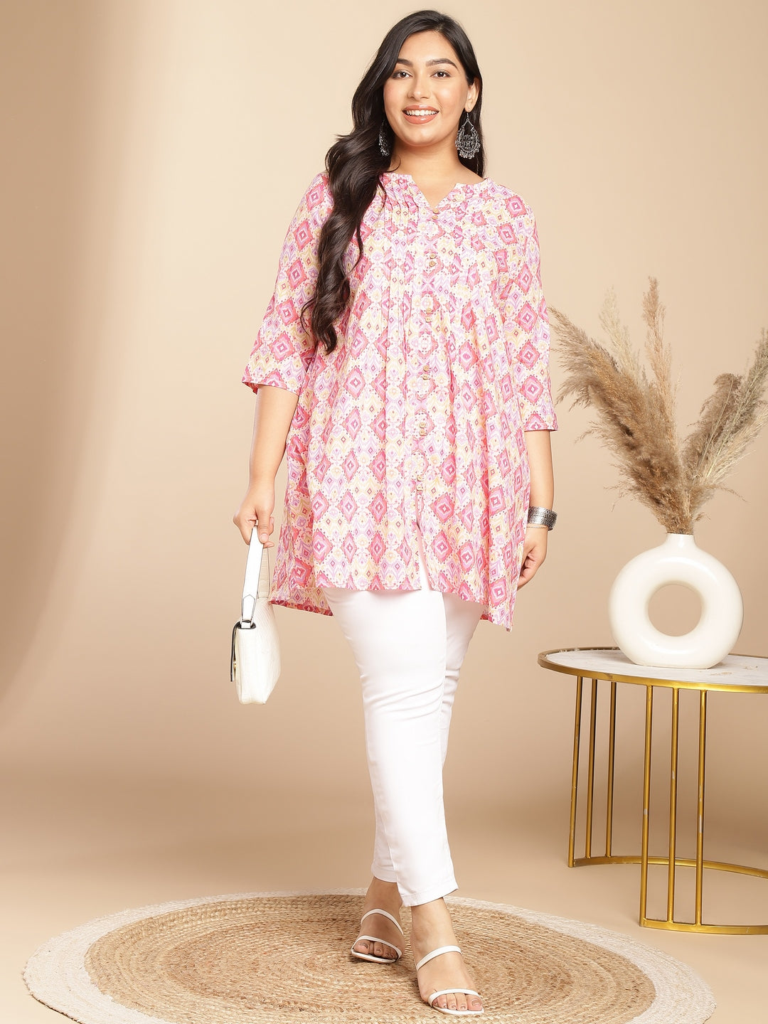 Janasya Pleated Cambric Pink Ikkat Notch Neck Tunic - Distacart