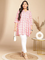 Thumbnail for Janasya Pleated Cambric Pink Ikkat Notch Neck Tunic - Distacart