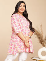 Thumbnail for Janasya Pleated Cambric Pink Ikkat Notch Neck Tunic - Distacart