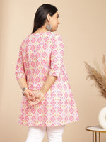 Thumbnail for Janasya Pleated Cambric Pink Ikkat Notch Neck Tunic - Distacart