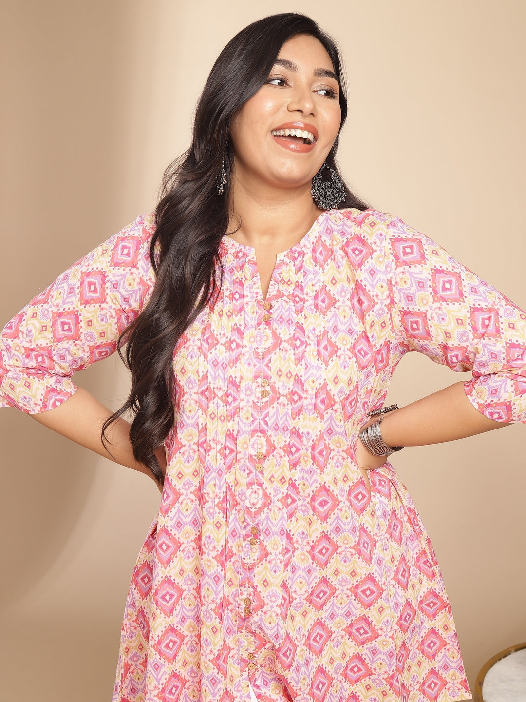 Janasya Pleated Cambric Pink Ikkat Notch Neck Tunic - Distacart