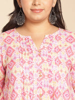 Thumbnail for Janasya Pleated Cambric Pink Ikkat Notch Neck Tunic - Distacart