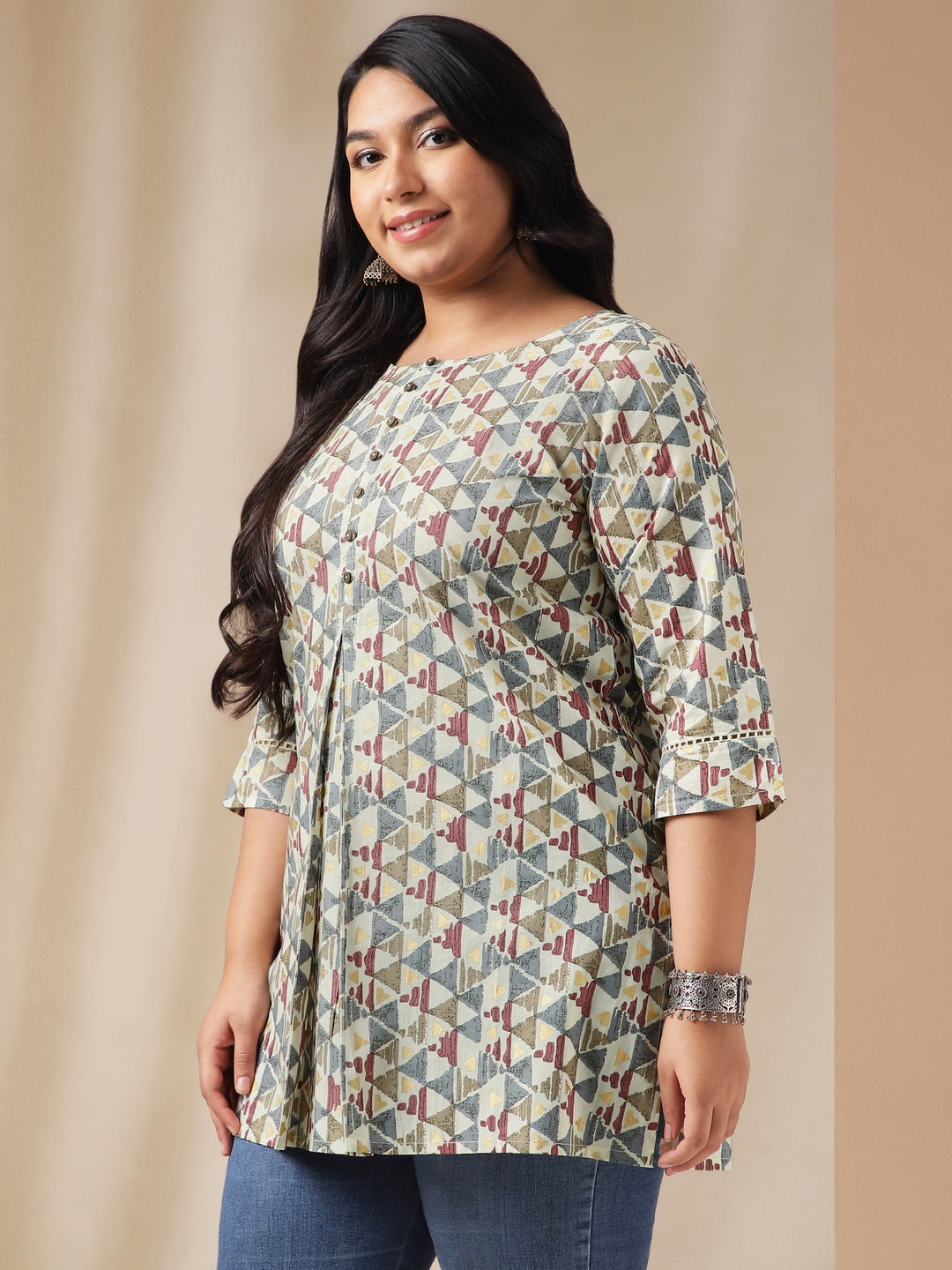 Janasya Regular Cambric Off White Gemometric Round Neck Tunic - Distacart
