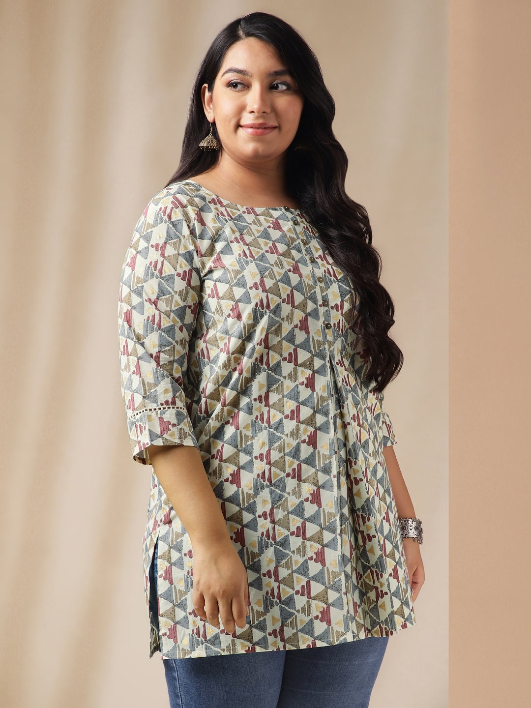 Janasya Regular Cambric Off White Gemometric Round Neck Tunic - Distacart