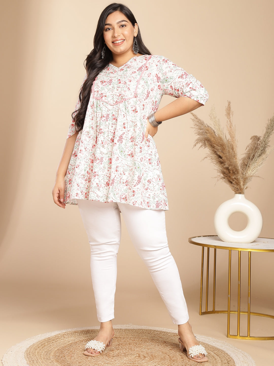 Janasya A-Line Cambric White Floral V-Neck Tunic