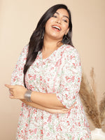 Thumbnail for Janasya A-Line Cambric White Floral V-Neck Tunic - Distacart