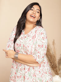Thumbnail for Janasya A-Line Cambric White Floral V-Neck Tunic