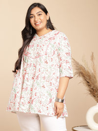 Thumbnail for Janasya A-Line Cambric White Floral V-Neck Tunic