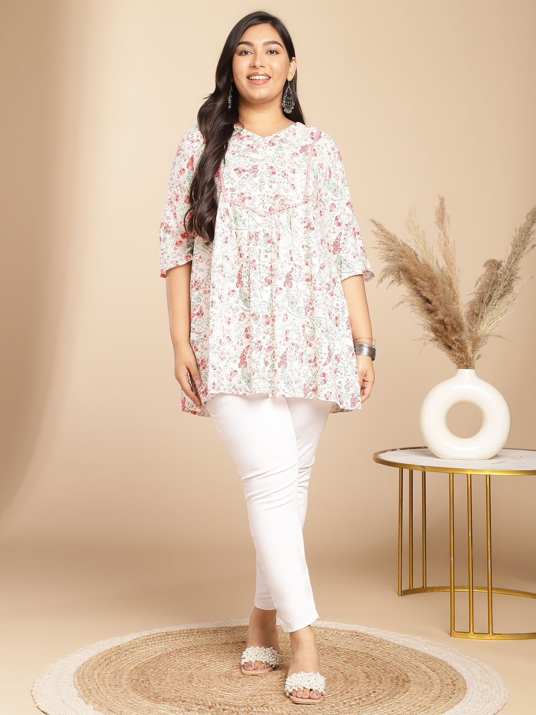 Janasya A-Line Cambric White Floral V-Neck Tunic