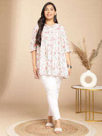 Thumbnail for Janasya A-Line Cambric White Floral V-Neck Tunic