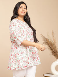 Thumbnail for Janasya A-Line Cambric White Floral V-Neck Tunic