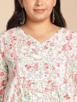 Thumbnail for Janasya A-Line Cambric White Floral V-Neck Tunic - Distacart