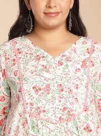 Thumbnail for Janasya A-Line Cambric White Floral V-Neck Tunic
